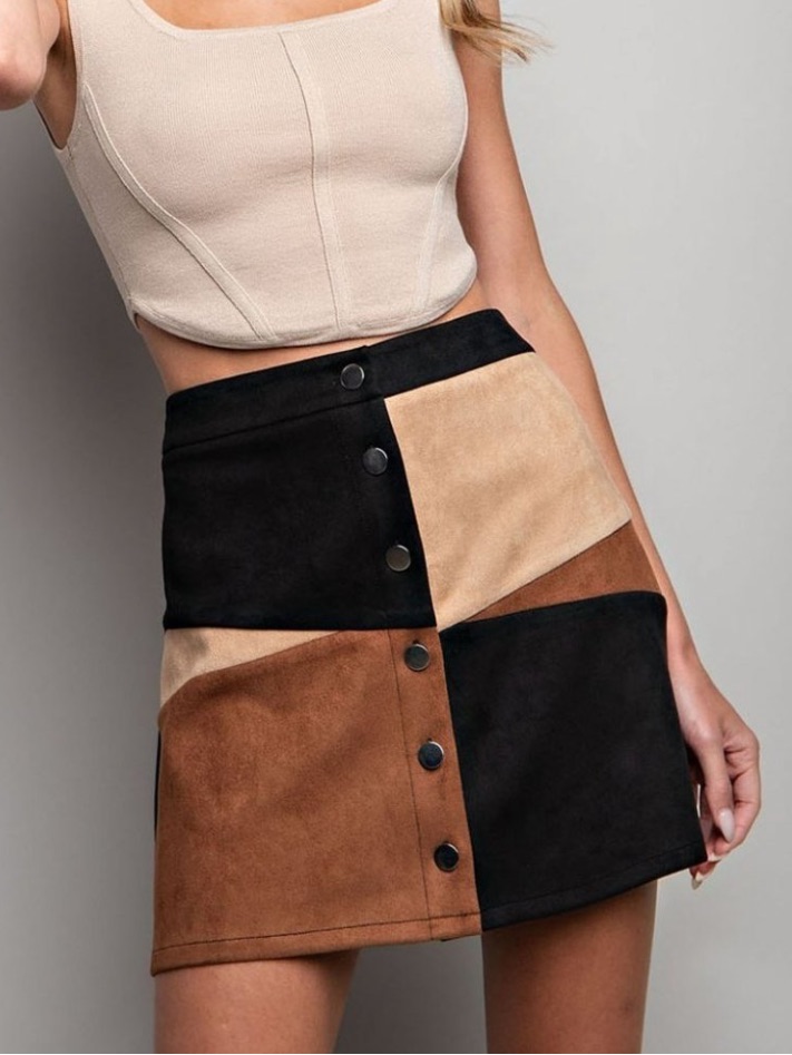 Nwt Ee:Some Color Block Faux Suede Mini Skirt Sz S Black & Brown Button Down